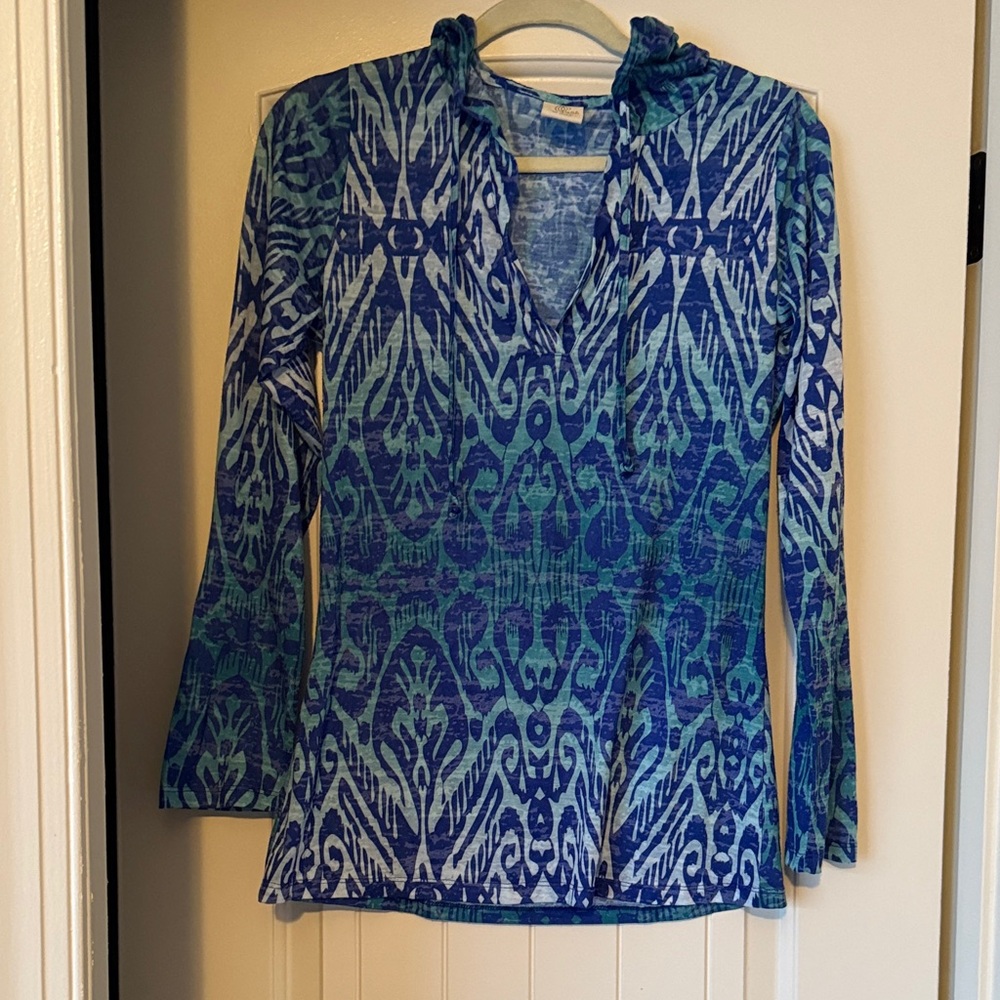 Blue Patterned Long Sleeve Top w/ hood